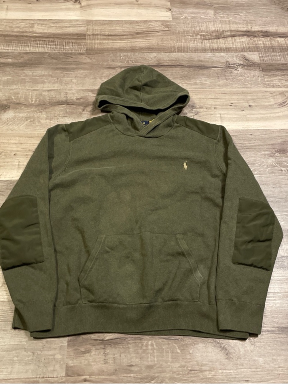 Ralph Lauren Olive Hooded Pullover Sweatshirt with Elbow Patches